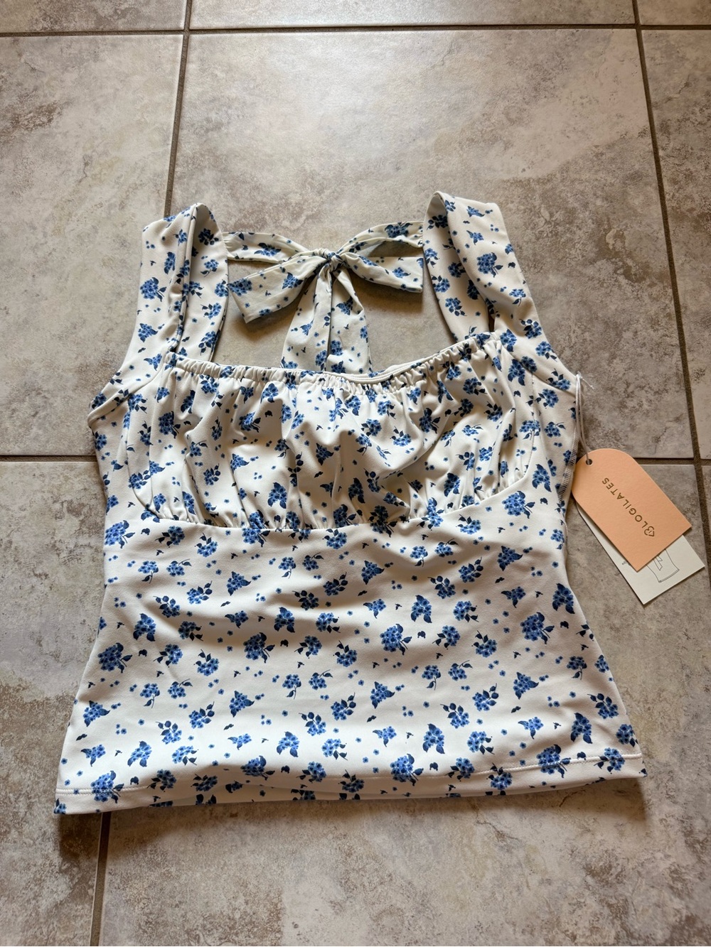 Blogilates Floral Tie-Back Tank Top in White and Blue
